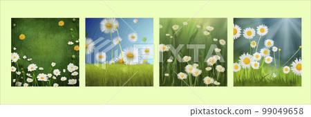 Spring background with chamomile flowers, green... - Stock Illustration ...