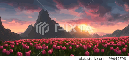 A field of tulips against the backdrop of mountains. Spring banner vector illustration. huge field of colorful tulips. Behind the field is a mountain range. Sunset. clouds of orange A field of tulips against the backdrop of mountains. Spring banner vector illustration. huge field of colorful tulips. Behind the field is a mountain range. Sunset. clouds of orange 99049798