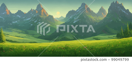 Panoramic view of big mountains, beautiful green meadows. Flat cartoon landscape with nature. Summer or spring landscape. Travel posters. Natural park or forest outdoor background with mountains Panoramic view of big mountains, beautiful green meadows. Flat cartoon landscape with nature. Summer or spring landscape. Travel posters. Natural park or forest outdoor background with mountains 99049799