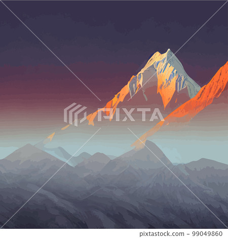 Realistic illustration mountain landscape with a hill forest with coniferous trees, under blue winter sky with space for text. Gray mountains forest retro vintage vector background illustration. 99049860