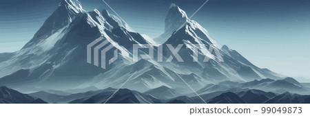 Mountain spring landscape, mountains with snowy peaks lilac flower bushes, Cartoon flat springlnature, green grassland meadow with flowers, forests, beautiful spring day mountains, vector illustration Mountain spring landscape, mountains with snowy peaks lilac flower bushes, Cartoon flat springlnature, green grassland meadow with flowers, forests, beautiful spring day mountains, vector illustration 99049873