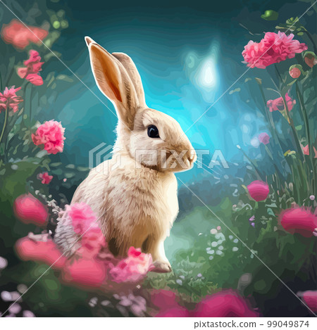 Happy Easter, cute beautiful Easter Bunny in a sunny meadow in flowers decorated Easter card, greeting card. in pastel colors. Modern minimal style. Spring flower illustration. Happy Easter, cute beautiful Easter Bunny in a sunny meadow in flowers decorated Easter card, greeting card. in pastel colors. Modern minimal style. Spring flower illustration. 99049874