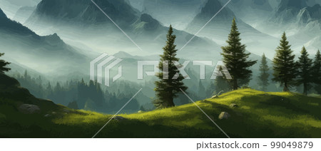 Vector horizontal landscape with fog, forest, mountains, morning sunlight. Illustration panoramic view, fogs silhouettes. Nice wallpaper, background, banner, cover, poster. natural clean landscape Vector horizontal landscape with fog, forest, mountains, morning sunlight. Illustration panoramic view, fogs silhouettes. Nice wallpaper, background, banner, cover, poster. natural clean landscape 99049879