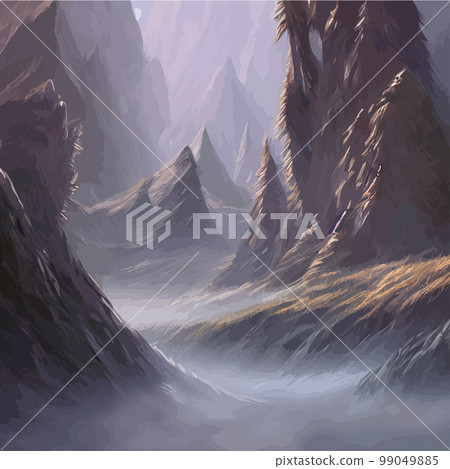 Realistic illustration mountain landscape with a hill forest with coniferous trees, under blue winter sky with space for text. Gray mountains forest retro vintage vector background illustration. 99049885