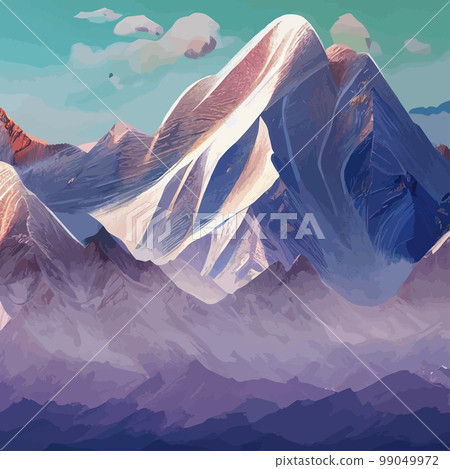 Mountain mature silhouette element outdoor icon snowy ice peaks and decorative, Realistic illustration of mountain landscape with hill and forest with coniferous trees Mountain mature silhouette element outdoor icon snowy ice peaks and decorative, Realistic illustration of mountain landscape with hill and forest with coniferous trees 99049972