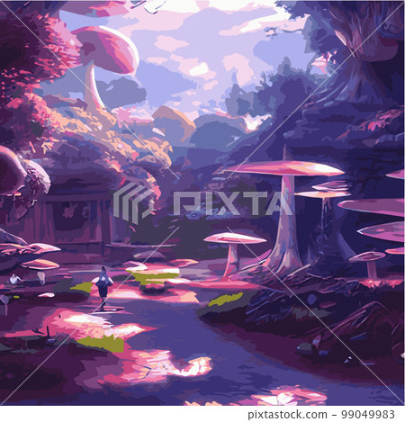 Surreal rowing landscape vector illustration. Enchanted forest with mushrooms magic. meadow with colorful mushrooms fantasy style. Beautiful magic mushrooms lost forest and fireflies background fog Surreal rowing landscape vector illustration. Enchanted forest with mushrooms magic. meadow with colorful mushrooms fantasy style. Beautiful magic mushrooms lost forest and fireflies background fog 99049983