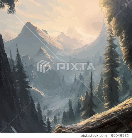 Mountain landscape. Mountain landscape. Vector illustration. Abstract background. Fantasy theme morning landscape, sunrise mountains. landscape with blue mountains silhouettes with fog cold sunlight 99049985