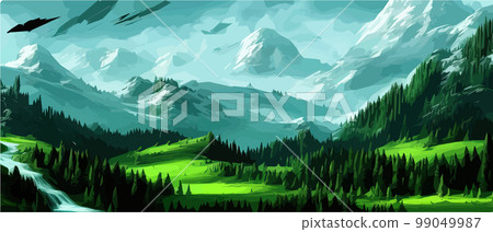 Foggy mountains with coniferous forest vector illustration. Smokey rocky panorama with mountain mountains and silhouettes for pine forest. landscape panorama from Pine mountain forest. with copy space 99049987
