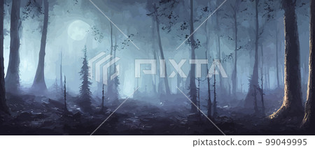 misty forest. Dark tree silhouette. Tree tricks in the blue mist. Fog in the night forest vector illustration banner. Spooky forest with full moon and floor. Without leaves and branches of autumn. 99049995