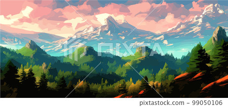 Foggy mountains with coniferous forest vector illustration. Smokey rocky panorama with mountain mountains and silhouettes for pine forest. landscape panorama from Pine mountain forest. with copy space 99050106