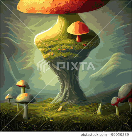 Surreal rowing landscape vector illustration. Enchanted forest with mushrooms magic. meadow with colorful mushrooms fantasy style. Beautiful magic mushrooms lost forest and fireflies background fog Surreal rowing landscape vector illustration. Enchanted forest with mushrooms magic. meadow with colorful mushrooms fantasy style. Beautiful magic mushrooms lost forest and fireflies background fog 99050289