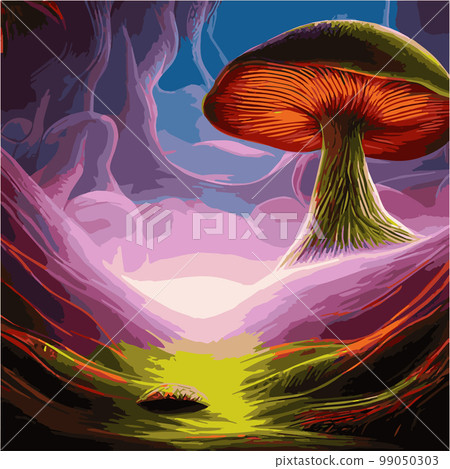 Surreal rowing landscape vector illustration. Enchanted forest with mushrooms magic. meadow with colorful mushrooms fantasy style. Beautiful magic mushrooms lost forest and fireflies background fog  99050303