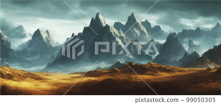 Fantasy epic magic mountain landscape. Mystical winter valley valley , Panoramic view of big mountains . Mountains landscape. Rural nature background. hills horizon 99050305