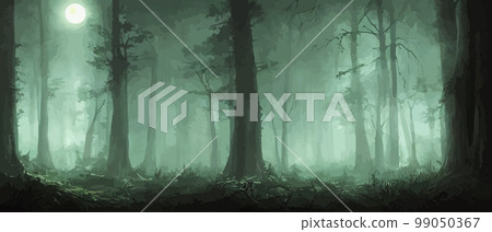 misty forest. Dark tree silhouette. Tree tricks in the blue mist. Fog in the night forest vector illustration banner. Spooky forest with full moon and floor. Without leaves and branches of autumn. 99050367