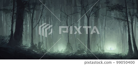 misty forest. Dark tree silhouette. Tree tricks in the blue mist. Fog in the night forest vector illustration banner. Spooky forest with full moon and floor. Without leaves and branches of autumn. 99050400
