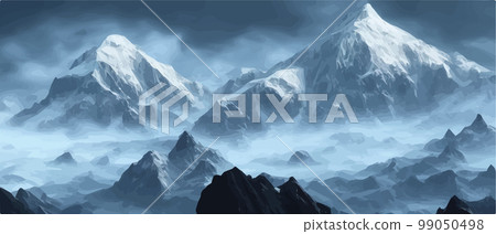 Fantasy epic magic mountain landscape. Mystical winter valley valley , Panoramic view of big mountains . Mountains landscape. Rural nature background. hills horizon 99050498