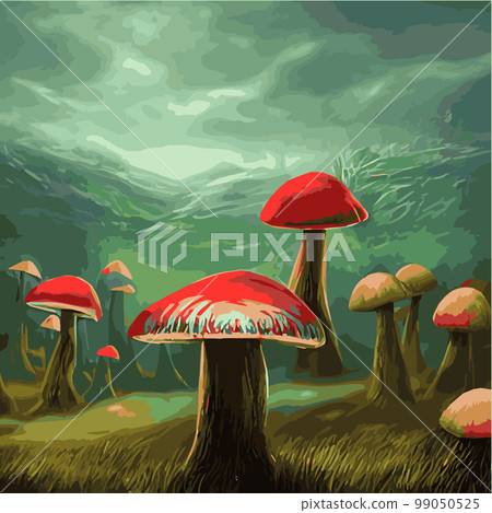 Surreal rowing landscape vector illustration. Enchanted forest with mushrooms magic. meadow with colorful mushrooms fantasy style. Beautiful magic mushrooms lost forest and fireflies background fog  99050525