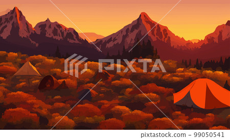 Sunny day landscape illustration in flat style with tent, campfire, mountains, forest water banner illustration. Background for summer camp, nature tourism, camping hiking design. vintage camp style  99050541