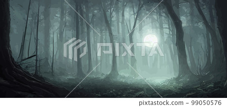 misty forest. Dark tree silhouette. Tree tricks in the blue mist. Fog in the night forest vector illustration banner. Spooky forest with full moon and floor. Without leaves and branches of autumn. 99050576