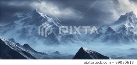 Fantasy epic magic mountain landscape. Mystical winter valley valley , Panoramic view of big mountains . Mountains landscape. Rural nature background. hills horizon 99050618
