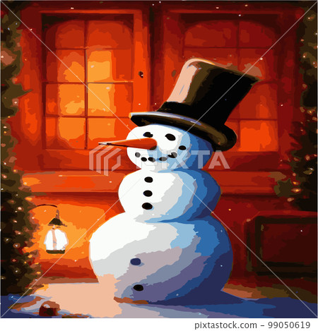 Vector illustration of a winter Christmas snowman with gifts, Christmas snow background. Christmas card with funny snowman in Santa Cap with gift boxes against winter forest 99050619