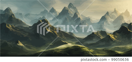 Fantasy epic magic mountain landscape. Mystical winter valley valley , Panoramic view of big mountains . Mountains landscape. Rural nature background. hills horizon 99050636