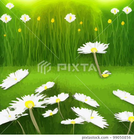 Spring background with chamomile flowers, green grass, blue sky. Can be used for Easter, birthday, party, anniversary, March 8, Women's Day. Seasonal Sales Spring background with chamomile flowers, green grass, blue sky. Can be used for Easter, birthday, party, anniversary, March 8, Women's Day. Seasonal Sales 99050856