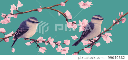 drawing a bird on a flowering tree branches. Vintage sketch of beautiful birds with flowers. Welcoming card design. , banner illustration. Ideal for fabric, wallpaper, gifts or postcard design. 99050882