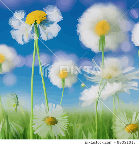 Spring background with chamomile flowers, green grass, blue sky. Can be used for Easter, birthday, party, anniversary, March 8, Women's Day. Seasonal Sales Spring background with chamomile flowers, green grass, blue sky. Can be used for Easter, birthday, party, anniversary, March 8, Women's Day. Seasonal Sales 99051015