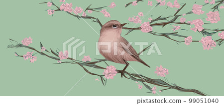 drawing a bird on a flowering tree branches. Vintage sketch of beautiful birds with flowers. Welcoming card design. , banner illustration. Ideal for fabric, wallpaper, gifts or postcard design. 99051040