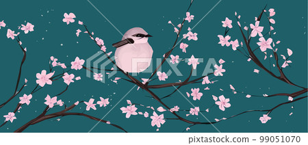 drawing a bird on a flowering tree branches. Vintage sketch of beautiful birds with flowers. Welcoming card design. , banner illustration. Ideal for fabric, wallpaper, gifts or postcard design. 99051070