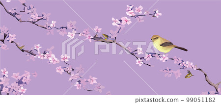 drawing a bird on a flowering tree branches. Vintage sketch of beautiful birds with flowers. Welcoming card design. , banner illustration. Ideal for fabric, wallpaper, gifts or postcard design. 99051182