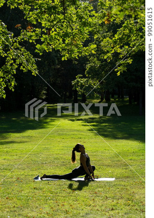 slender woman with ponytail practice yoga rider pose in sunny summer green park on grass 99051615