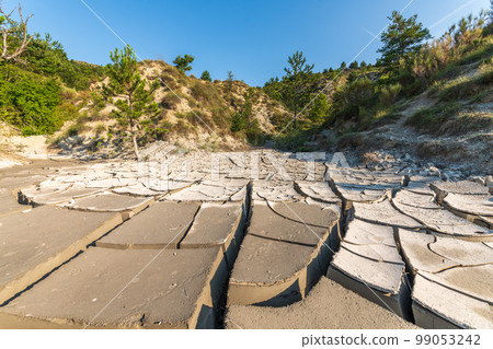 Clay soil cracked during period of drought. 99053242