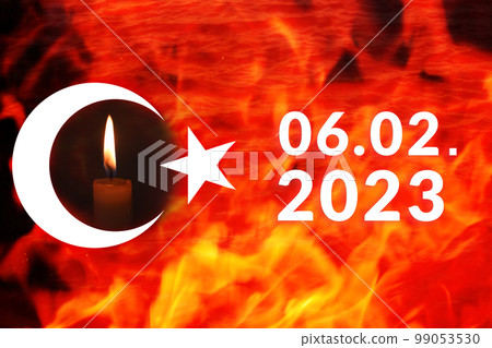 Turkey Earthquake, February 6, 2023. Mournful banner. The Epicenter of the earthquake in Turkey. Pray for Turkey. A bright burning candle on the background of the Turkish flag. Design. Red flame fire 99053530