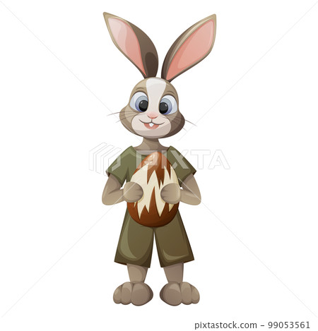 Funny bunny holds an Easter egg in its paws. Vector illustration for the spring holiday. Wildlife, forest animals. Isolated background. 99053561