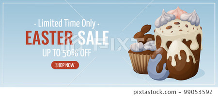 Easter sale. Traditional pastries decorated with icing and chocolate bunny, painted eggs. Vector illustration for the spring holiday. Horizontal banner, flyer, poster 99053592