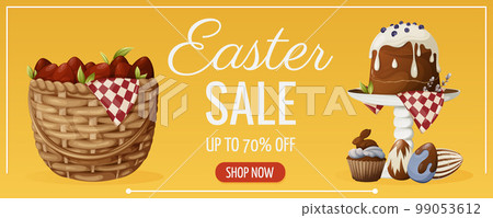 Easter sale. Wicker basket with red eggs, festive pastries, cakes and cupcakes decorated with icing and chocolate. Vector illustration for the spring holiday. Bright horizontal banner, flyer, poster Easter sale. Wicker basket with red eggs, festive pastries, cakes and cupcakes decorated with icing and chocolate. Vector illustration for the spring holiday. Bright horizontal banner, flyer, poster 99053612