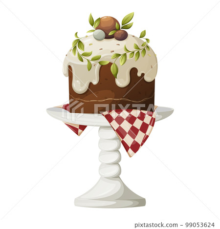 Easter cake on a stand, decorated with white icing and leaves. Festive baking, spring theme. Vector illustration, cartoon style, isolated background. Easter cake on a stand, decorated with white icing and leaves. Festive baking, spring theme. Vector illustration, cartoon style, isolated background. 99053624