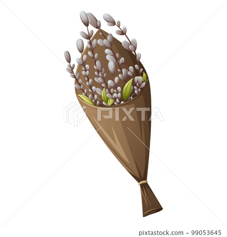 Bouquet with willow branches and leaves. Easter spring theme. Vector illustration, cartoon style, isolated background. 99053645