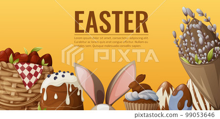 Easter banner with holiday attributes, a wicker basket with red eggs, traditional cakes, bunny ears, a bouquet with willow branches. Place for text. Horizontal poster, bright background 99053646