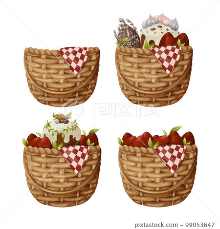 A set of wicker baskets with red eggs, Easter cake, a bouquet of willow branches. Vector illustration for the spring religious holiday on an isolated background. 99053647