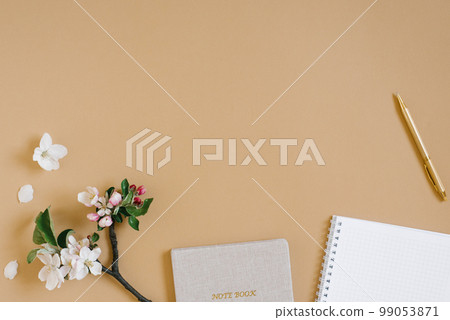 Flat lay e in beige tones for a self-employed freelance girl. Planner, pen and white flowers of apple tree. Sketchy notebook or notebook mockup. Flat lay e in beige tones for a self-employed freelance girl. Planner, pen and white flowers of apple tree. Sketchy notebook or notebook mockup. 99053871