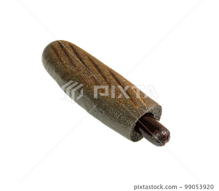 Black Hotdog Isolated, Dark Sausage Inside a Grilled Bun, Minimal Black Friday Hot Dog, Promotional Fast Food 99053920