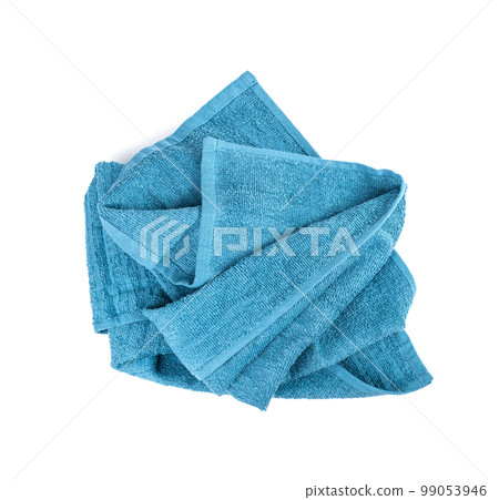 Crumpled Blue Towel Isolated. New Terry Cotton Towel, Wrinkled Soft Washcloth on White Background 99053946