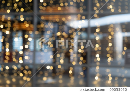 Blurred Abstract Background with Yellow Bokeh Circles. Beautiful Blur Garland Night Lights Mockup 99053950