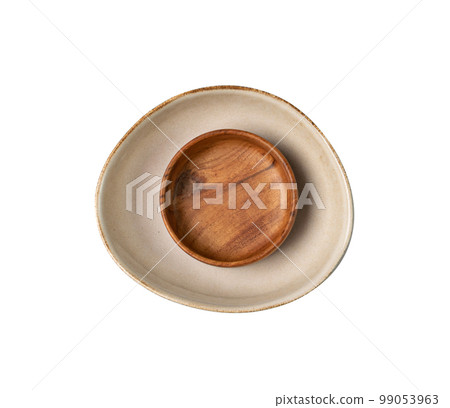 Empty Wood Bowls Isolated, Wooden Bowl on White Background Top View, Rustic Kitchen Mockup 99053963