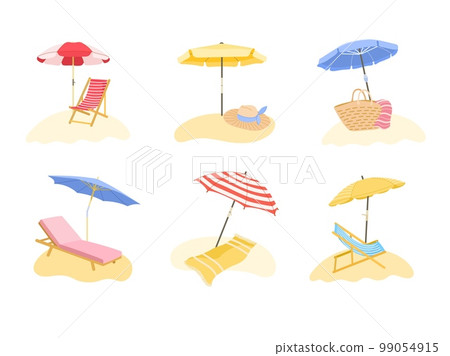 Beach sunshade. Deck chair and sun protection umbrella for summer resort vacation on beach vector illustration set 99054915