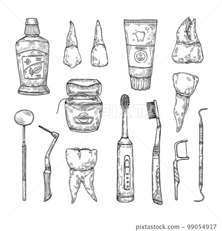 Hand drawn dental care products. Toothpaste, toothbrush and dental floss. Healthy tooth with root and mouthwash vector illustration set 99054917