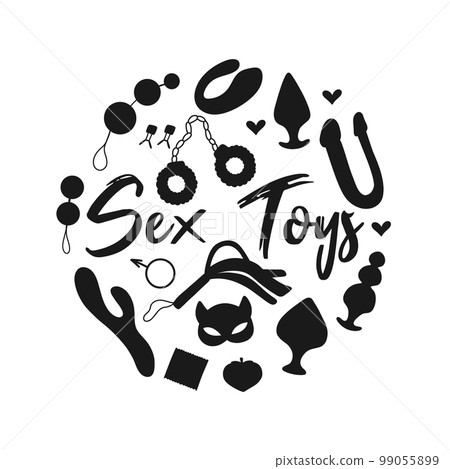 Silhouette Sex toys. Poster for sex shop. Toys for adults. print for an adult store. Vibrators, vaginal beads, whip, butt plugs. Vector illustration. 99055899